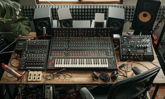 Studio d'enregistrement avec table de mixage, synthétiseurs et enceintes. Un espace dédié au mix audio, prêt à créer des sons uniques.