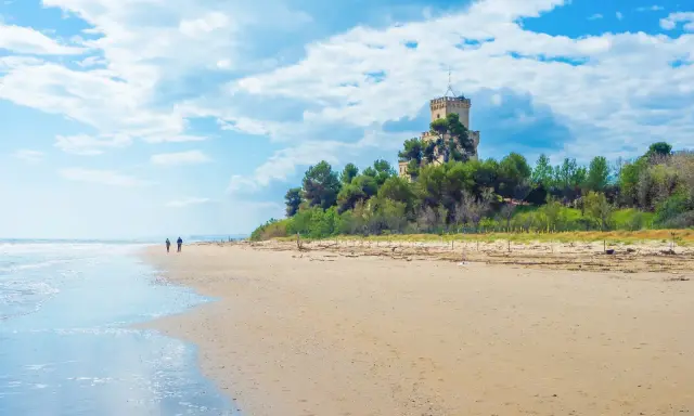 Passeggiata sulla spiaggia di Pineto mare, con un castello in lontananza tra i pini.