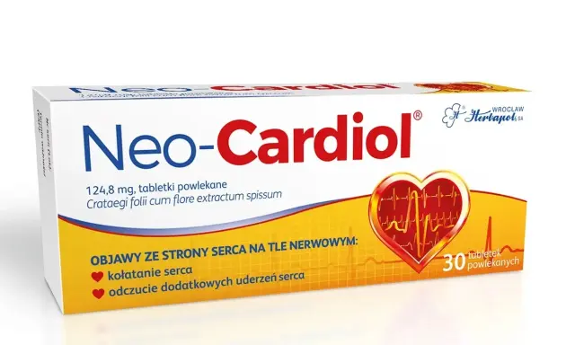 Opakowanie leków na serce Neo-Cardiol, z symbolem serca i EKG. Pomaga na kołatanie serca.
