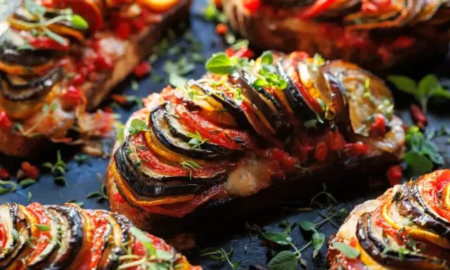 Un délicieux tian de légumes, aux fines tranches d'aubergine, courgette et tomate, garni d'herbes fraîches.