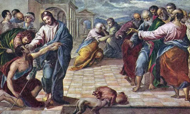 Jezus dotyka twarzy trędowatego, dokonując uzdrowienia. Wokół zgromadził się tłum ludzi, niektórzy z niedowierzaniem, inni z nadzieją.