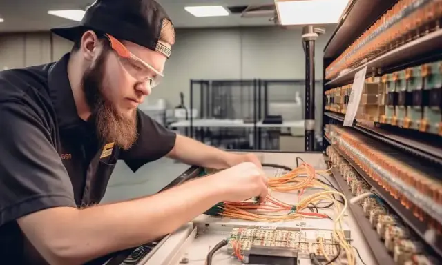 Młody technik w okularach ochronnych pracuje nad skomplikowanym systemem przewodów, rozwijając swoje umiejętności w dziedzinie mechatroniki.