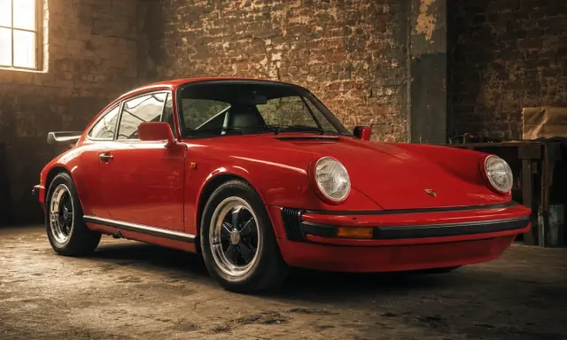 Roter Porsche 911 G-Modell in einer Werkstatt, bereit für eine Spritztour.