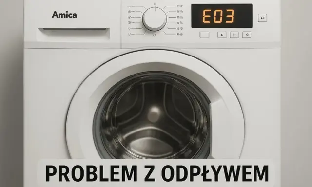 Pralka Amica z wyświetlonym błędem E03, wskazującym na problem z odpływem.