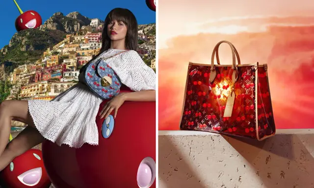 Zendaya poses with a Louis Vuitton cherry-themed bag, while another Louis Vuitton bag with the same motif glows against a sunset.