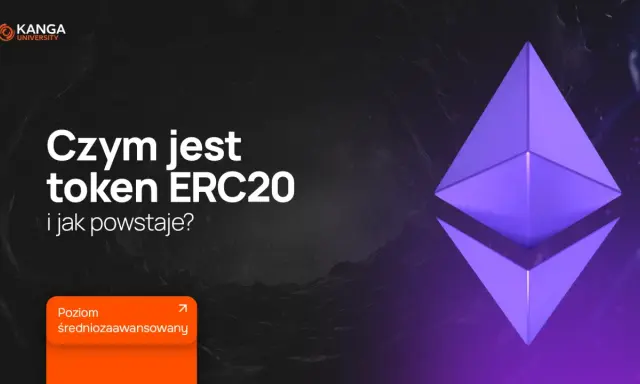 Grafika przedstawia symbol Ethereum i tekst "Czym jest token ERC20 i jak powstaje?". Poziom: średniozaawansowany.