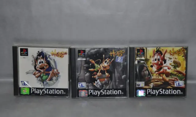 Trzy gry z serii Hugo na PlayStation: Hugo, Hugo 2 i Hugo: Dzielny jak Hugo.
