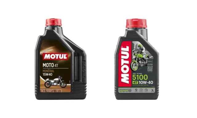 Huiles Motul : 15W40 minérale vs 10W-40 Technosynthese. La différence entre 10w40 et 15w40 est visible sur ces deux bidons.