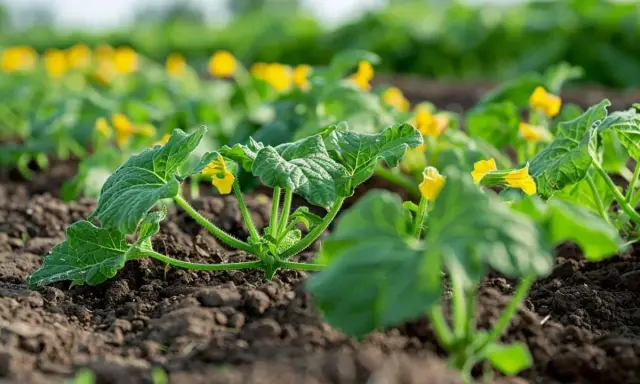 Jeunes plants de courgettes en pleine terre, avec leurs premières fleurs jaunes épanouies. La plantation courgette promet une belle récolte.