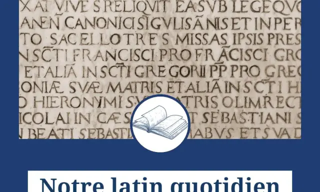 Texte latin gravé sur pierre, rappelant que l'apprentissage est un *bis repetita* pour notre latin quotidien.