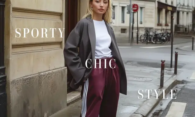 Modella con blazer oversize e pantaloni sportivi bordeaux, un perfetto esempio di stile sportivo chic in città.