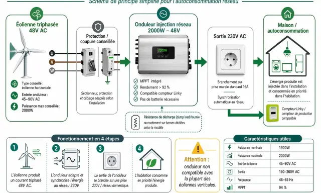 Schéma de branchement d'une éolienne domestique 48V AC vers un onduleur 2000W, puis vers le réseau 230V pour l'autoconsommation.