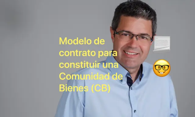 Hombre sonriente con texto sobre modelo contrato comunidad de bienes para alquiler.