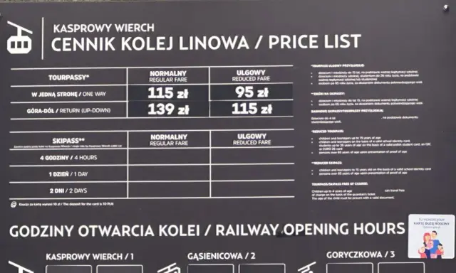 Kasprowy Wierch cennik kolejki linowej: ceny biletów normalnych i ulgowych, Skipass, godziny otwarcia.
