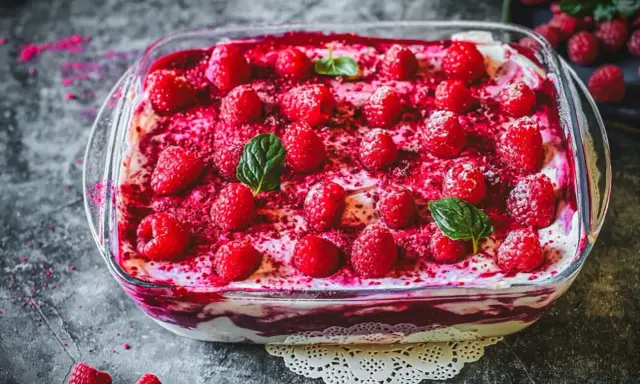 Ein köstliches Tiramisu mit frischen Himbeeren und Minze, das zeigt, wie man Tiramisu dekorativ anrichten kann.