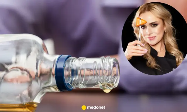 Ostatnia kropla alkoholu z butelki, a w tle kobieta z młoteczkiem neurologicznym. To może być urwanie filmu po alkoholu.