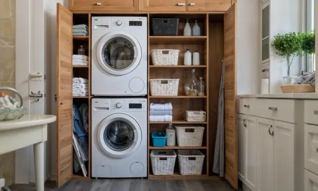 Solución para organizar lavadero muy pequeño: lavadora y secadora apiladas, estantes con toallas, cestas y productos de limpieza.