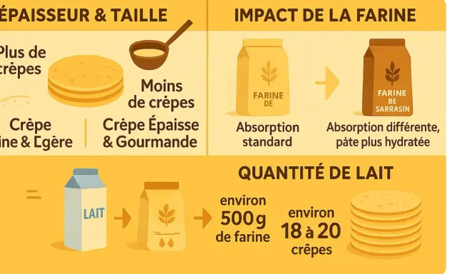 Infographie expliquant quelle farine pour les crêpes. Elle montre l'impact de la farine sur la texture et la quantité de lait nécessaire.