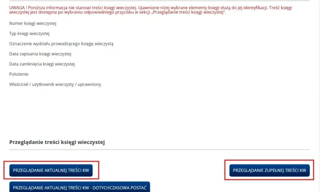 Wynik wyszukiwania księgi wieczystej: numer księgi wieczystej, typ, oznaczenie wydziału, daty, położenie, właściciel. Dostępne opcje przeglądania treści KW.