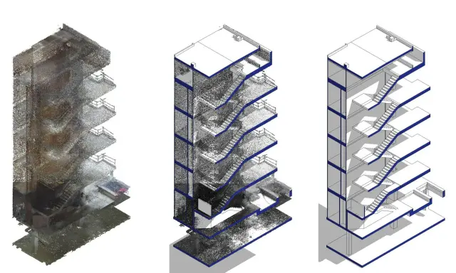 Tres vistas isométricas de un edificio: escaneo 3D detallado, corte con puntos de escaneo y corte simplificado. Útil para planos as-built normativa.