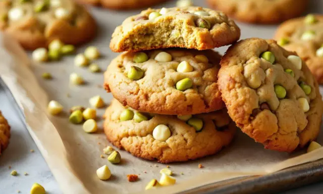 Pile de cookies pistache chocolat blanc, parsemés sur du papier cuisson. Un délice croustillant et gourmand.