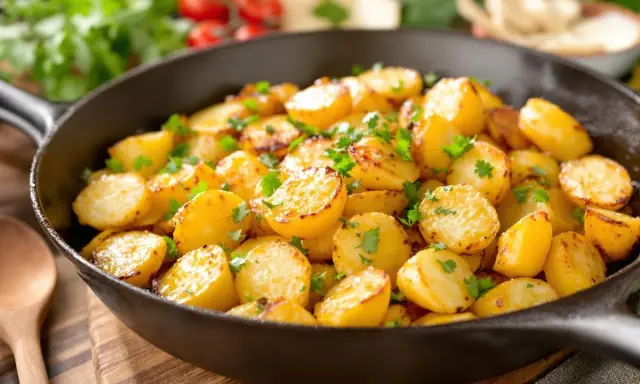 Poêlée de pommes de terre sautées, dorées et parsemées de persil frais, dans une poêle en fonte. Un délice simple et savoureux.