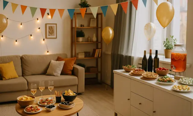 Décoration festive pour une pendaison de crémaillère : guirlandes, ballons, buffet garni. L'origine de cette tradition est de célébrer un nouveau foyer.