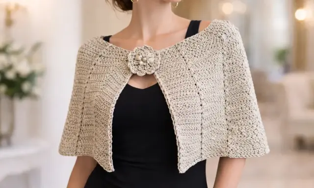 Mujer con un elegante **patrón capa** de ganchillo color beige, adornada con un broche floral.