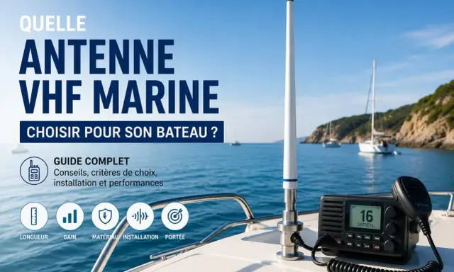 Guide complet pour choisir la meilleure antenne VHF marine pour votre bateau. Antenne, radio et icônes de conseils sur fond de mer bleue.