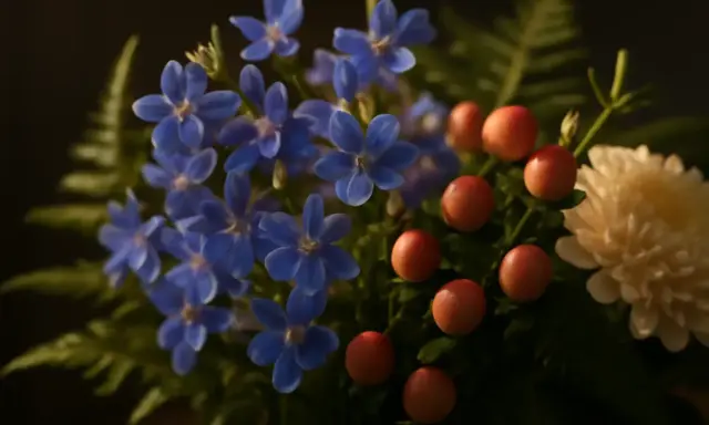 Blå lobelia frostblommor med röda bär och en krämvit blomma.