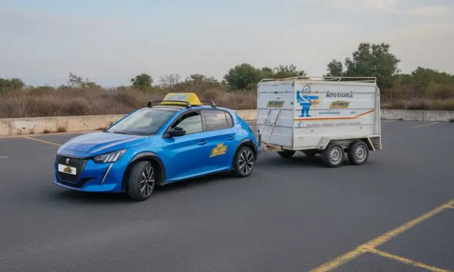 Coche azul de autoescuela con remolque, preparándose para el examen del carnet B96.