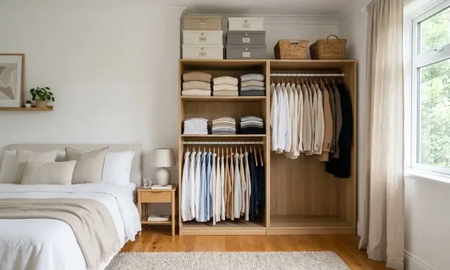 Chambre épurée avec lit douillet et dressing organisé. La **taille chambre** est optimisée par des rangements astucieux.