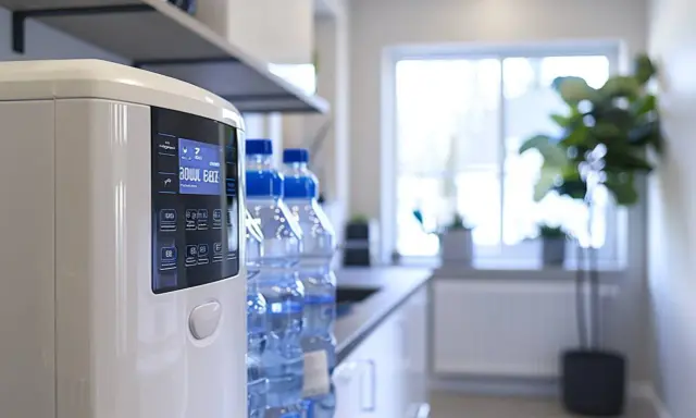 Écran d'un adoucisseur d'eau moderne, prêt pour le dimensionnement. Bouteilles d'eau en arrière-plan.