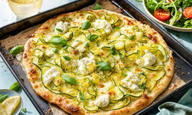 Délicieuse pizza courgette, ricotta et basilic, garnie de zeste de citron, sur une plaque de cuisson.
