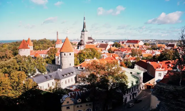 Widok na zabytkowe wieże i czerwone dachy Starego Miasta w Tallinnie. Idealne miejsce, by odkryć, co w Tallinnie warto zobaczyć.