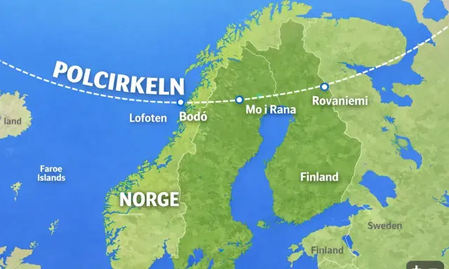 Karta över norra Europa som visar hur polcirkeln flyttar sig över Norge och Finland, med städer som Bodö och Rovaniemi markerade.