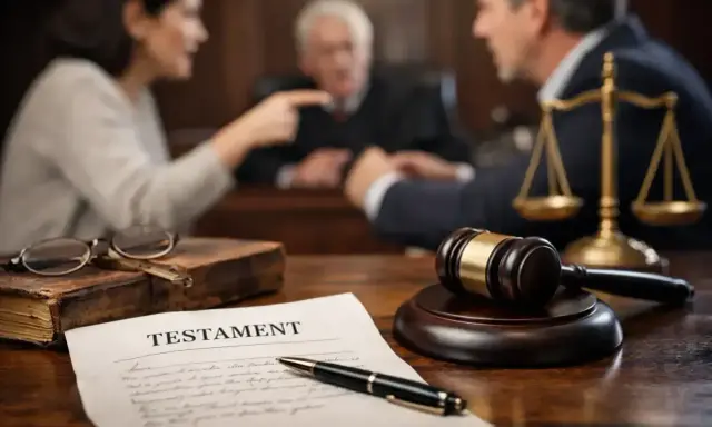 Sąd rozpatruje ostatnią wolę zmarłego. Na stole dokument testamentu, młotek sędziowski, waga sprawiedliwości i okulary.
