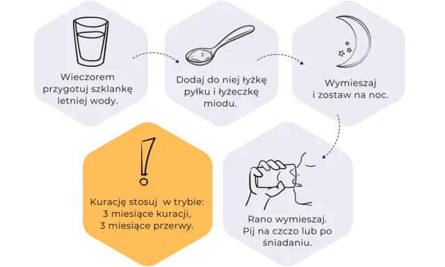 Jak stosować pyłek kwiatowy: wieczorem przygotuj wodę, dodaj pyłek i miód, wymieszaj, zostaw na noc. Rano wypij. Stosuj 3 miesiące kuracji, 3 miesiące przerwy.