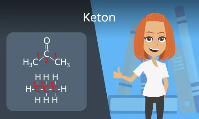 Chemische Formel für Keton (Aceton) mit nummerierten Kohlenstoffatomen. Eine lächelnde Frau gibt Daumen hoch.
