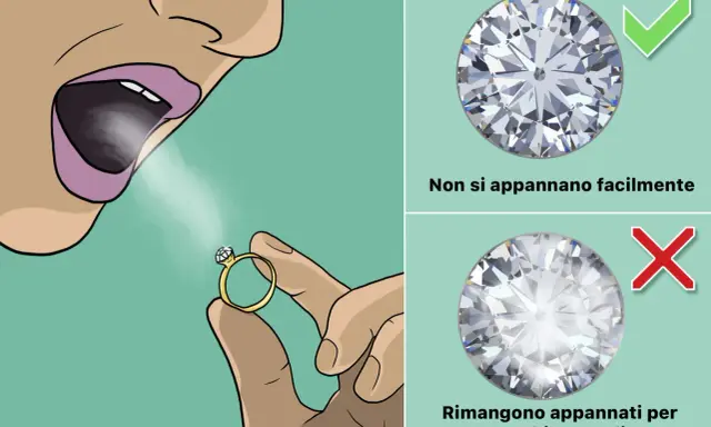 Test per verificare se i diamanti veri si appannano. Un soffio d'aria su un anello con diamante.