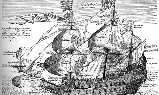 Gravure d'un majestueux bateau 17ème siècle, le "Navire Royal", avec ses voiles gonflées et ses nombreux détails annotés.