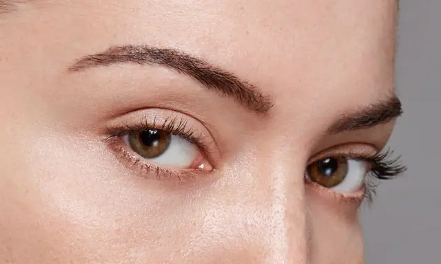 Gros plan sur des yeux marron, avec un sourcil naturel et légèrement désépaissi.