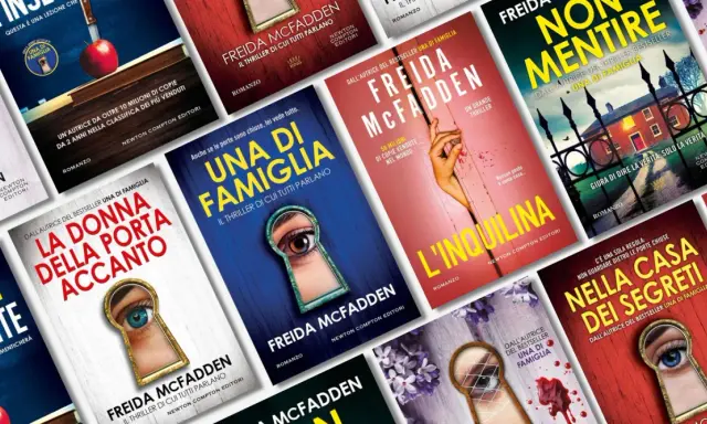 Copertine di thriller di Freida McFadden: "Una di famiglia", "L'inquilina", "Nella casa dei segreti" e altri.