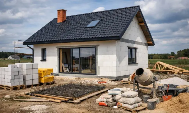 Budowa domu w toku: bloczki, cement, zbrojenie i betoniarka. Zastanawiasz się, ile kosztuje pozwolenie na budowę?