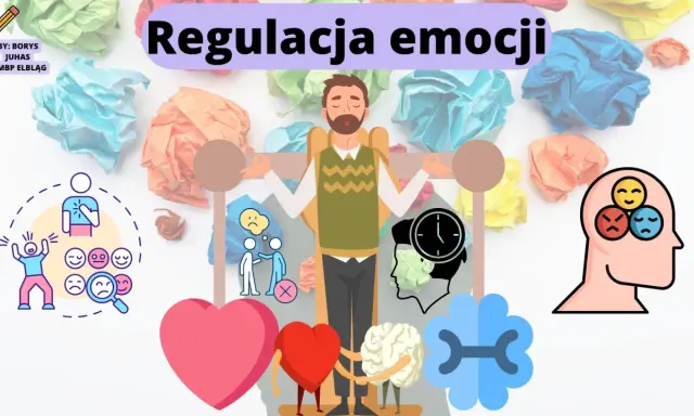 Ilustracja pokazuje, jak emocje wpływają na życie człowieka, od radości do smutku. Centralna postać medytuje, otoczona symbolami emocji i procesów umysłowych.