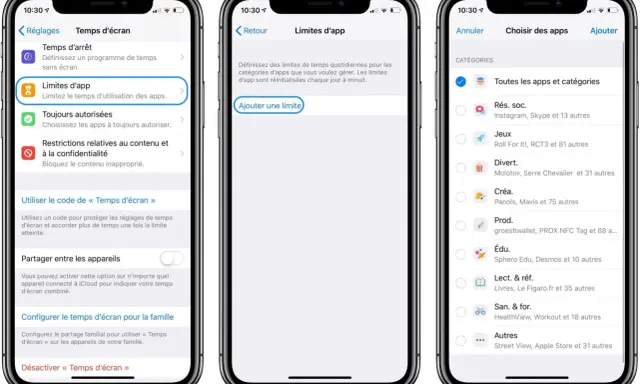 Trois écrans d'iPhone montrant les réglages de l'application "Temps d'écran", permettant de gérer les limites d'utilisation des applications.