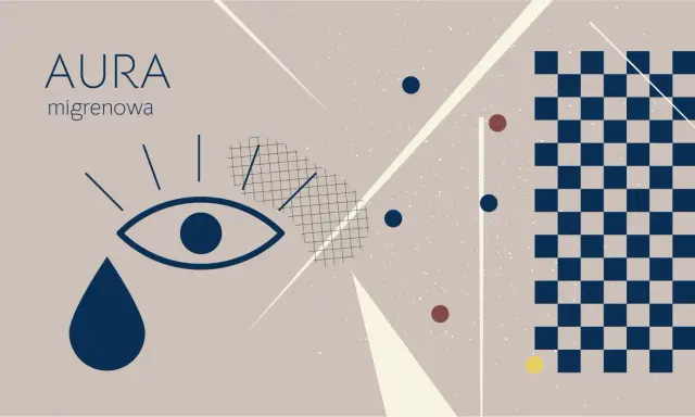 Abstrakcyjny obraz z okiem i łzą, symbolizujący migrenę z aurą. Tekst "AURA migrenowa" podkreśla temat.