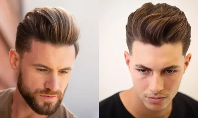 Dwóch mężczyzn z modną fryzurą quiff. Włosy zaczesane do góry i na bok, z wyraźnym przedziałkiem.