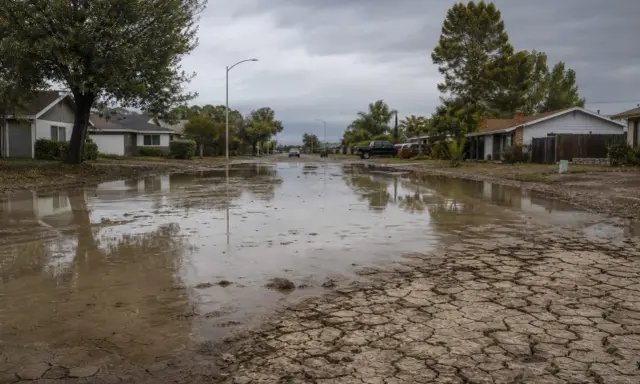 Rue résidentielle inondée, avec des maisons et des voitures. Le sol craquelé suggère une sécheresse suivie d'une forte pluie. Suis-je en zone inondable ?
