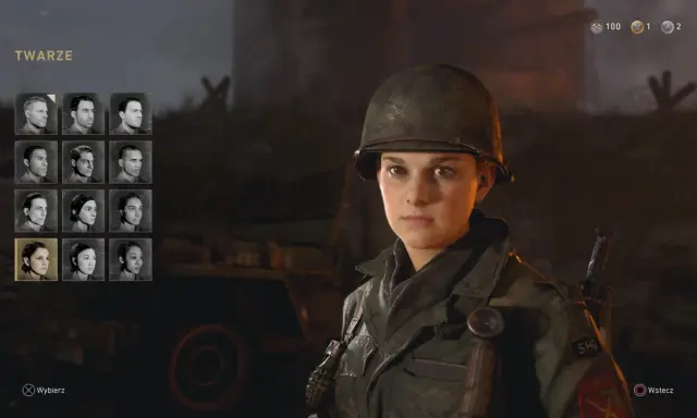 Wybór twarzy żołnierza w grze Call of Duty 2. Widoczna postać w hełmie, obok miniatur innych postaci.